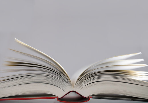 Open book with red cover and narrow depth of field on light gray background
