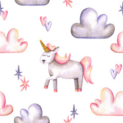 Seamless pattern with watercolor unicorn, clouds, hearts, stars. Hand drawn illustration is isolated on white. Cute ornament are perfect for fabric textile design, nursery wallpaper, baby print