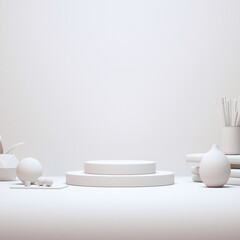 Modern Desktop Stage Arrangement With Decorations 3D Rendering.