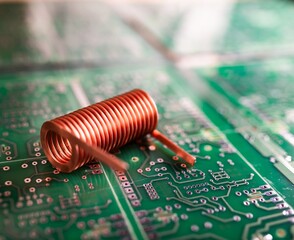 Twisted copper wire lies on a green chip.