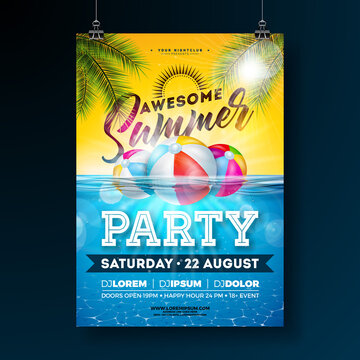 Summer Pool Party Poster Design Template with Palm Leaves, Water and Beach Ball on Blue Underwater Ocean Background. Vector Holiday Illustration for Banner, Flyer, Invitation, Poster.