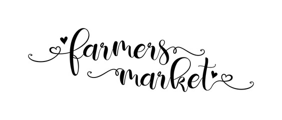 Farmers market hand drawn badges, logo, icon, label with heart. Vector brush lettering typography text- farmers market on a white background. Farm market natural organic product brand sign symbol.