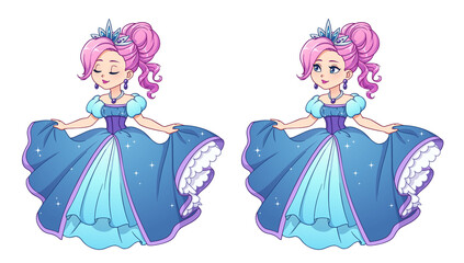 Pretty little princess with pink hair and wearing blue ball dress and silver crown. © TomatoLaccoon