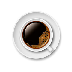 Realistic 3D cup of black coffee on a saucer. View from above. Vector illustration.