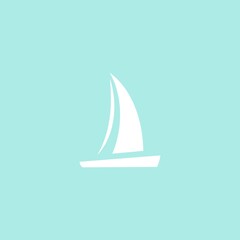Flat white silhouette of yacht with sails. Isolated on blue background.