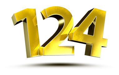 3D illustration Numbers 124 Gold isolated on a white background.(with Clipping Path)