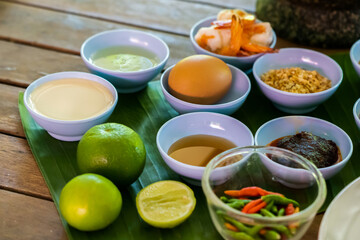 Local and traditional Ingredient for Yum Hua Plee (Banana blossom salad), is prepared to cook the Thai food.