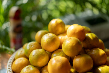 a pile of oranges, on a bamboo wicker plate in golden light on blur green nature background.