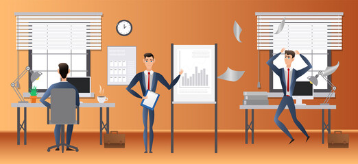 Vector cartoon businessman day routine info graphic.