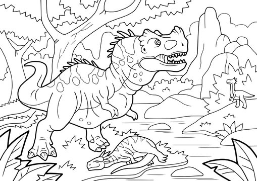 prehistoric predatory dinosaur ceratosaurus, went hunting, coloring book