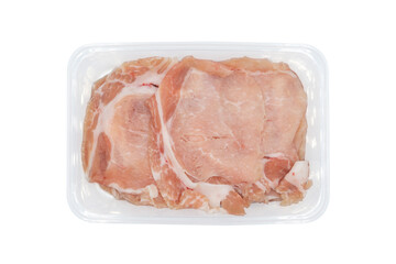 fresh Sliced raw pork in plastic box on white clear background. Clipping Paths.