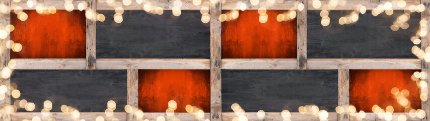 Fototapeta na wymiar Festive christmas silvester background banner panorama texture- Collage set of empty dark blackboard chalkboard wall, with wooden frame, red texture, bokeh lights and space for text