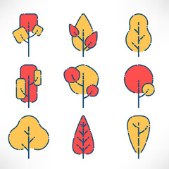 Autumn trees with outline set in flat style isolated on white background. Red yellow tree logo. Simple plants icons. Vector illustration. Use for icons, nature designs, maps, landscapes, web, apps