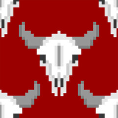 Skull cow pixel art pattern seamless. Skeleton head of bull 8 bit background. vector texture