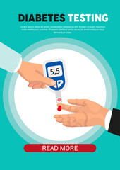 Diabetes testing information. Doctors hand testing blood glucose with glucometer. Diabetes monitoring electronic system banner in flat style. Medical equipment and health care vector illustration.