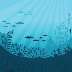 Undersea world. Underwater ocean fauna with coral reef, seaweed, plants and fishes silhouettes. Undersea panorama vector illustration. Beautiful marine ecosystem and wildlife on bottom in blue ocean.