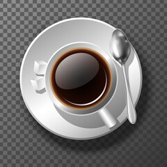 3d realistic coffee cup from top view. Good morning motivational banner. On transparent background.
