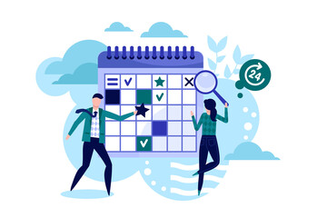 Effective time management. Deadline and schedule adherence at work, business people with task board banner with people. Work planning, tasks management and time organization vector illustration.