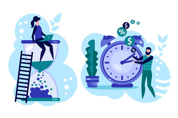 Time control and management. Deadline and pressure at work, businesspeople working overtime in office banner with people characters. Time management, planning and work organization vector illustration