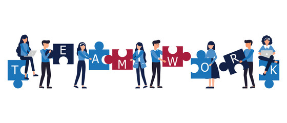 Partnership and teamwork concept,Vector illustration of Businessman and woman connecting puzzle elements of working on the project, Business analytics and cooperation
