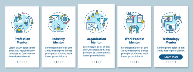 Different mentors onboarding mobile app page screen with concepts. Organisation management walkthrough 5 steps graphic instructions. UI vector template with RGB color illustrations