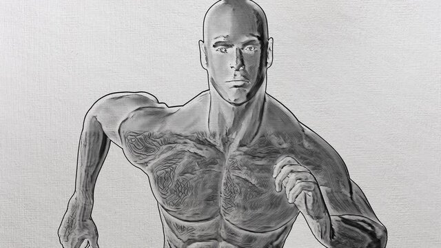 Hand drawn animation of a man running isolated on a textured paper. Stop motion background pencil charcoal drawing style