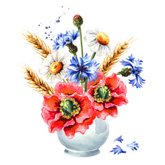 Summer bouquet of chamomiles , poppies, cornflowers and wheat ears in the vase. Hand drawn watercolor illustration, isolated on white background