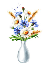 Summer bouquet of chamomiles, cornflowers and wheat ears in the vase. Hand drawn watercolor illustration, isolated on white background