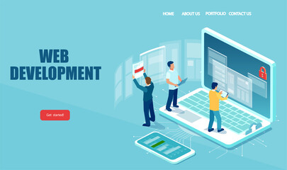 Vector of IT professionals working on computer web developing