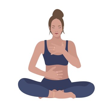 Young Woman Sitting in Lotus Position. Abdominal Breathing. Breath Awareness Exercise. Vector Flat Illustration.