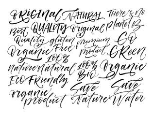Naklejka premium Set of ecological phrases: original, natural, premium product, organic, go green, save water, 100% organic and others. Ink illustration. Modern brush calligraphy. Isolated on white background.