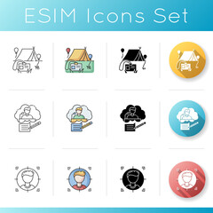 Corporate event planning icons set. Speech writing professional. Target audience. Special event for company employees. Linear, black and RGB color styles. Isolated vector illustrations