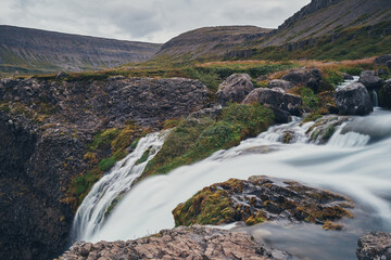 The waterfall Dynjandi. Iceland. Northern fjords.