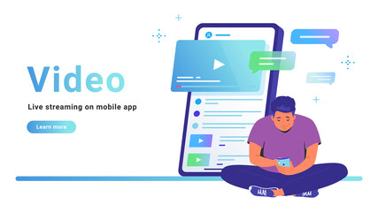 Video and live streaming on mobile app. Flat line vector illustration of cute man sitting alone in lotus pose with smartphone and watching video online. Smartphone with comments on white background