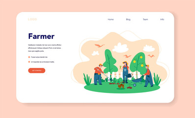 Farm, farmer web banner or landing page. Farmers working on the