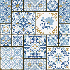 Seamless patchwork tile with Victorian motives. Majolica pottery tile, blue and white azulejo, original traditional Portuguese and Spain decor.  Vector illustration.