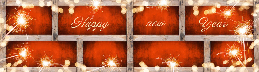 Happy new year / silvester background banner panorama texture- Collage set of empty wooden frame...