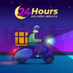 24 hours delivery illustration.A man rides a scooter bike at night