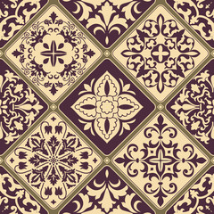 Majolica pottery tile, brown and beige azulejo, original traditional Portuguese and Spain decor. Seamless patchwork tile with Victorian motives. Vector.