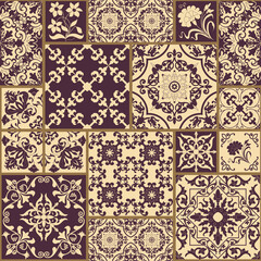 Majolica pottery tile, brown and beige azulejo, original traditional Portuguese and Spain decor. Seamless patchwork tile with Victorian motives. Vector.