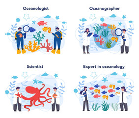 Oceanologist concept set. Oceanography scientist. Practical studying