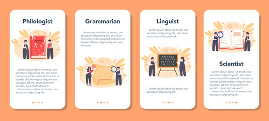 Philologist mobile application banner set. Professional scientist