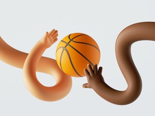 3d render, two funny basketball players, african and caucasian cartoon wavy hands fight for ball....