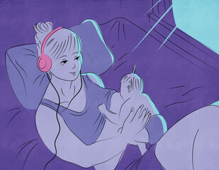 Illustration of a mother breastfeeding her baby at night