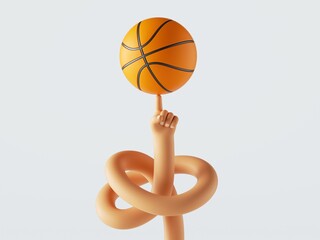 3d render, cartoon character tangled hand spins ball on a finger, isolated on white background. Basketball player amazing skill. Sport clip art
