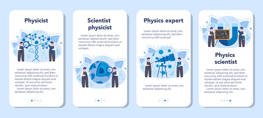 Obraz na płótnie Canvas Physicist mobile application banner set. Scientist explore electricity,