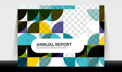Horizontal A4 business flyer annual report template, circles and triangle style shapes modern geometric design for brochure layout, magazine or booklet