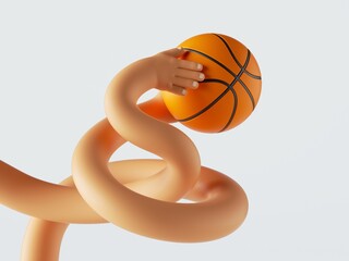3d render, clumsy cartoon tangled hands hold ball, funny basketball player. Sport clip art