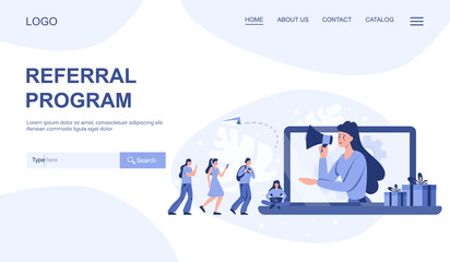 Referral program web banner or landing page. Woman advertising