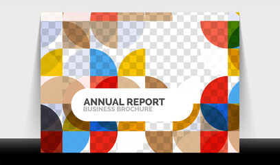 Horizontal A4 business flyer annual report template, circles and triangle style shapes modern geometric design for brochure layout, magazine or booklet